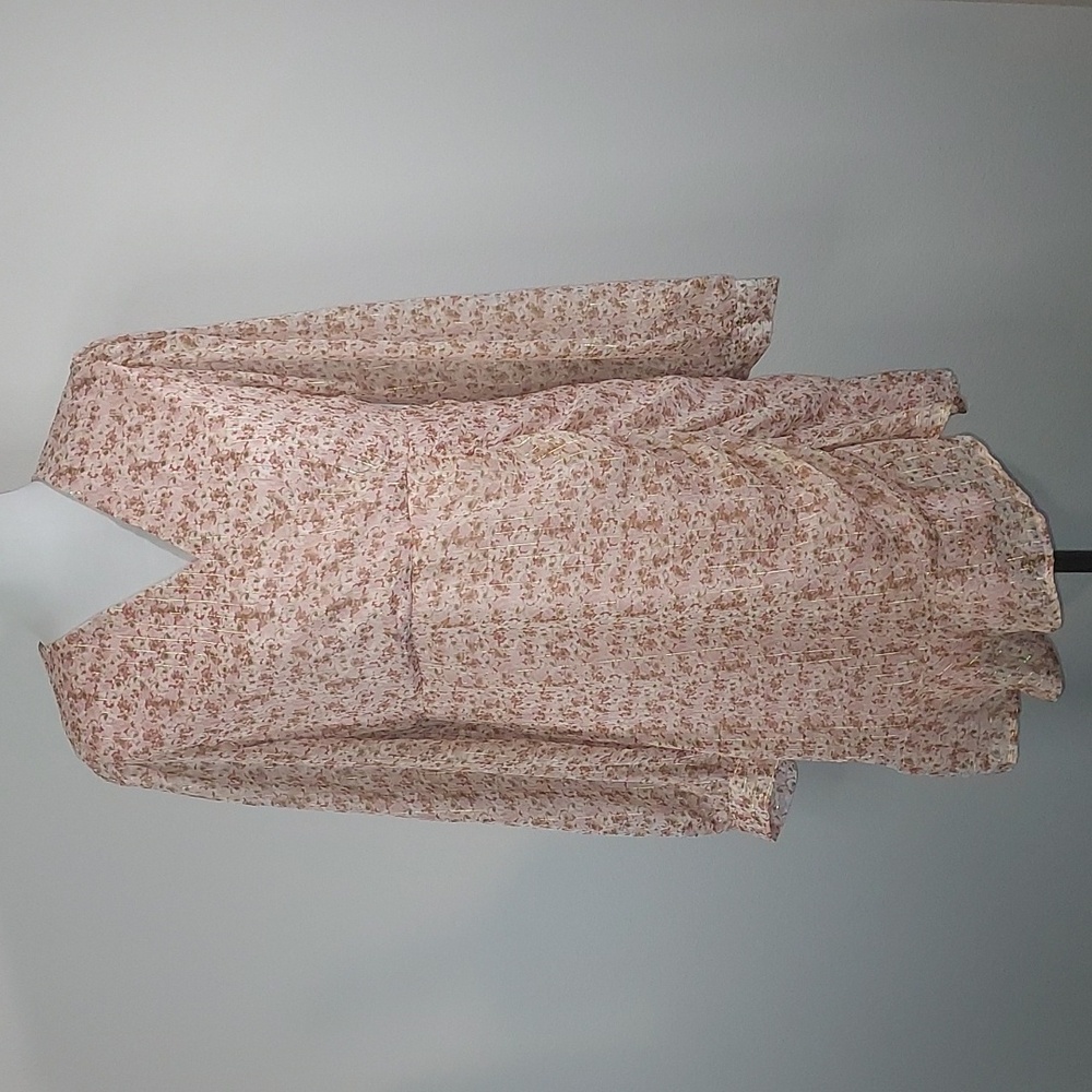 Beyond Words Pink Floral Gold Metallic Stripe Sheer Long Sleeve Wrap Dress Large